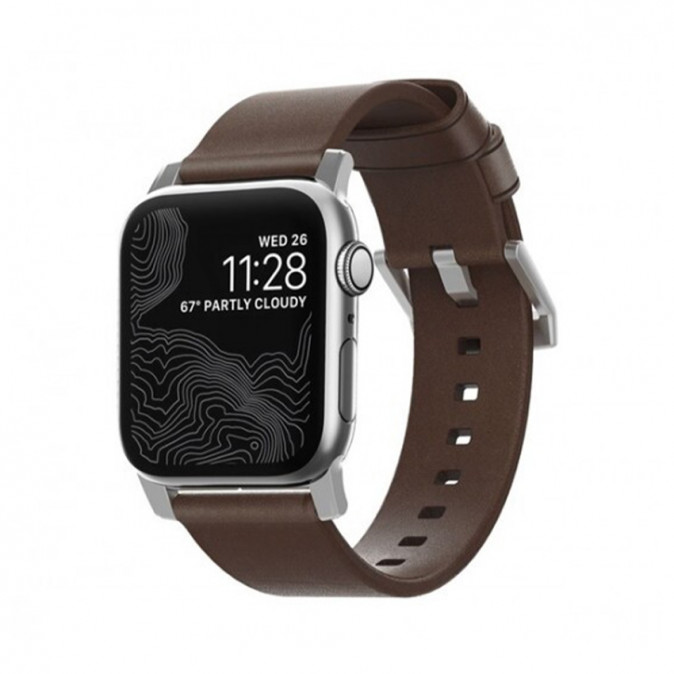 Nomad Leather Apple Watch 42/44/45mm bőr szíj, barna ezüst csattal Mobil