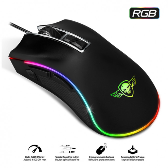 Spirit of Gamer Egér - PRO-M6 RGB (4800DPI,500Hz,8 programozható gomb,RGB LED,1,8 m harisnyázott kábel,fekete) (Bontott) PC