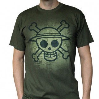 ONE PIECE - Tshirt - Póló "Skull with map Used" man SS kaki - basic (XXL-es méret) - Abystyle Ajándéktárgyak