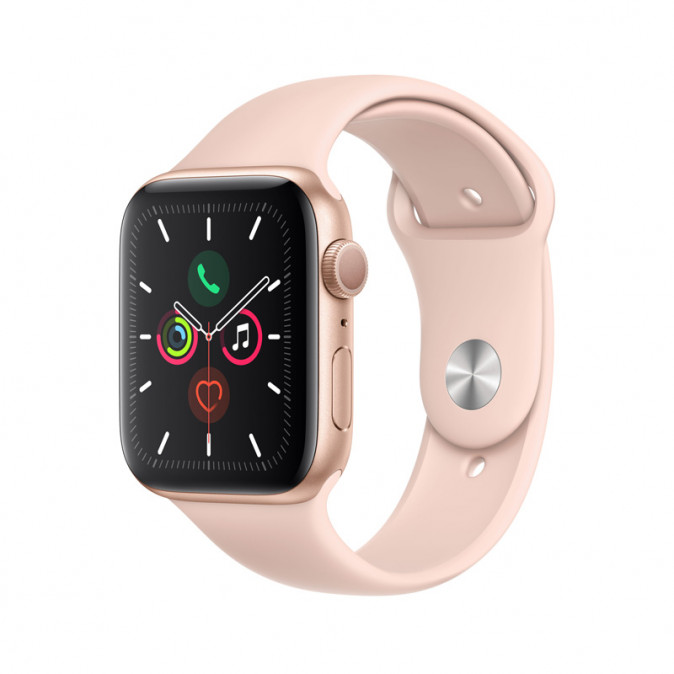 Apple Watch Series 5 GPS, 44mm Arany alumíniumtok rózsakvarcszínű sportszíjjal Mobil