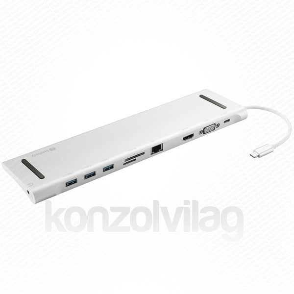 ODDNB-DVDRW Sandberg Notebook Dokkoló - USB-C 10-in-1 Docking Station (USB-C, HDMI/VGA, 3x USB3.0, 1x RJ-45, Audio, kárt PC