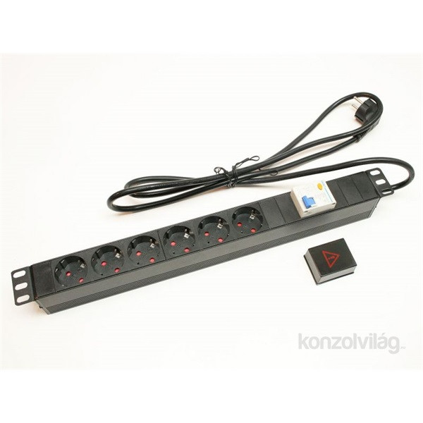 APower 1U 19" fekete/alu 6-os FI relés elektromos elosztó PC
