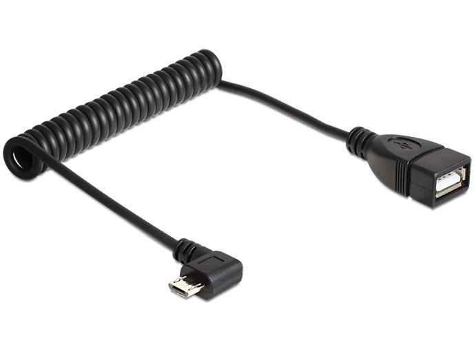 DeLock USB micro-B male angled > USB 2.0-A female OTG coiled Cable Black PC