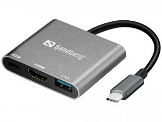 Sandberg Kábel Átalakító - USB-C Mini Dock HDMI+USB (ezüst; USB-C bemenet; HDMI+USB3.0+USB-C power kimenet) PC