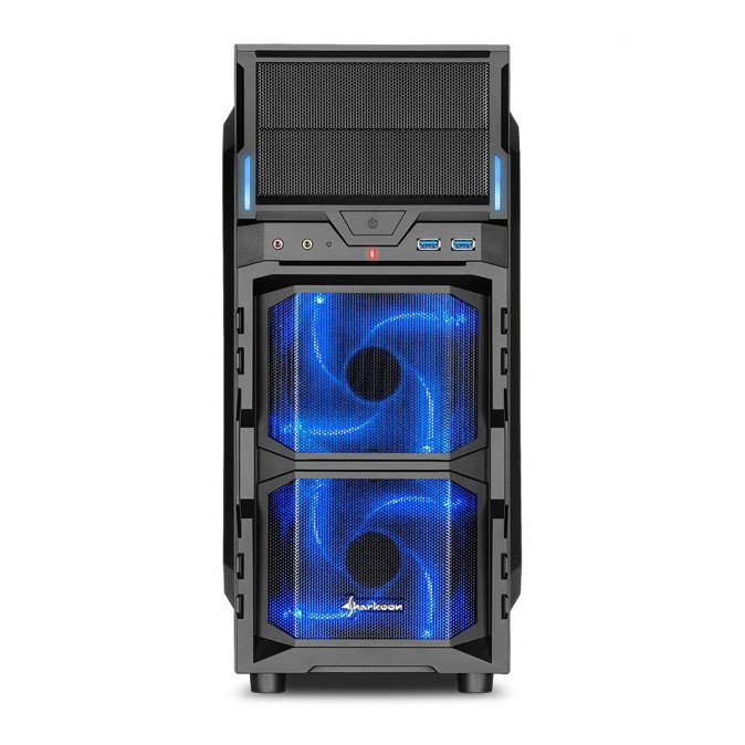 Sharkoon Számítógépház - VG5-W (fekete; kék belső; ATX,mATX; alsó táp; 1x120mm v.; 2xUSB3.0, I/O) PC